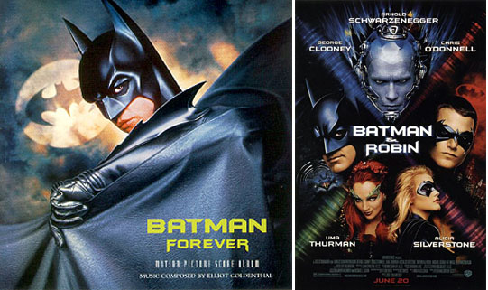 BATMAN FOREVER soundtrack, Atlantic Records, 1995; BATMAN & ROBIN poster, 1997.